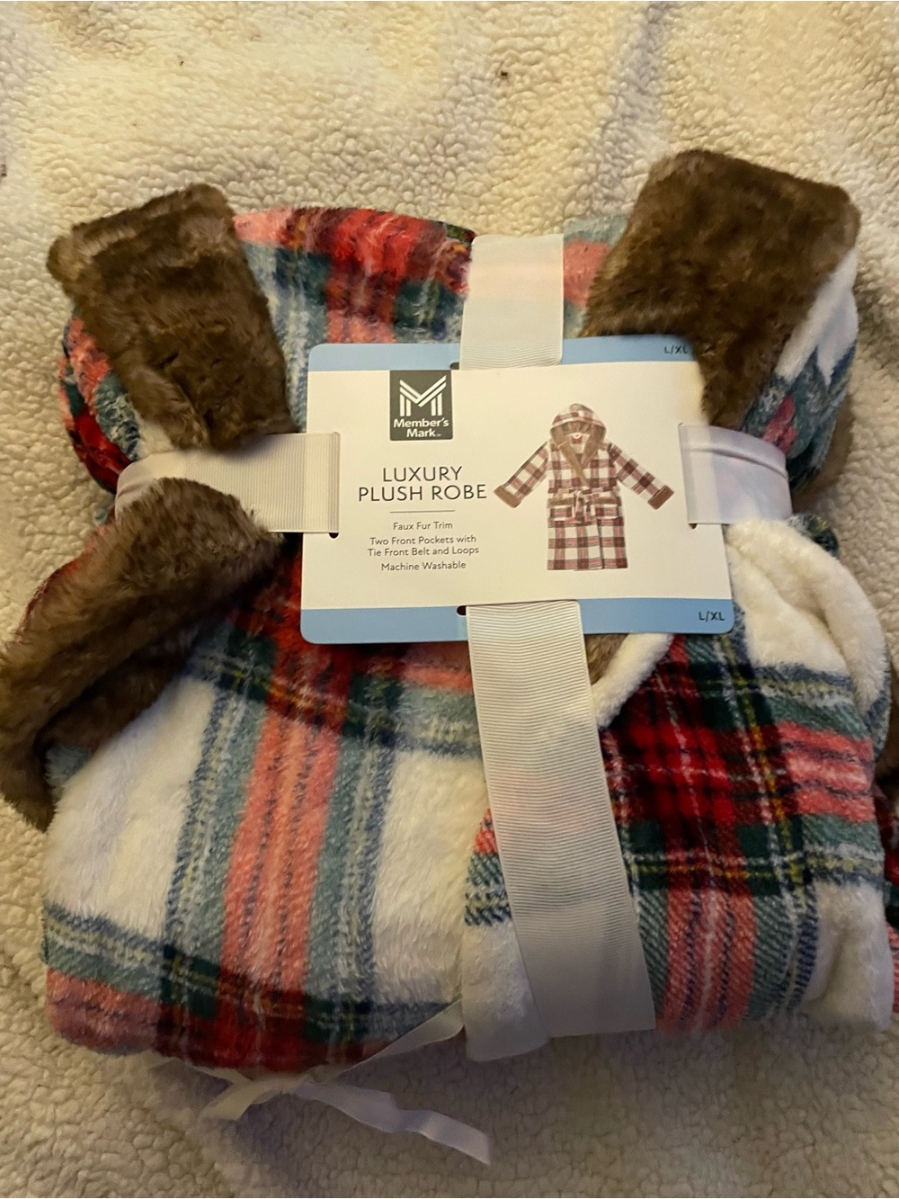 Luxury Plush Robe - Red Plaid with Faux Fur Trim